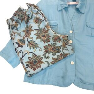 Van Heusen Linen Blend Top & Capri Pants Set Womens XL Floral Elastic Waist Y2K